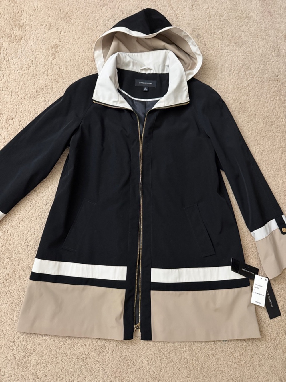 Jones New York  Black & Beige Hooded Trench Coat